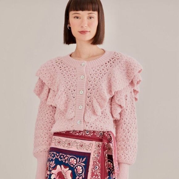 NEW FARM Rio Pink Flower Texture Knit Cardigan Sweater Button Ruffle Size L - Picture 1 of 16